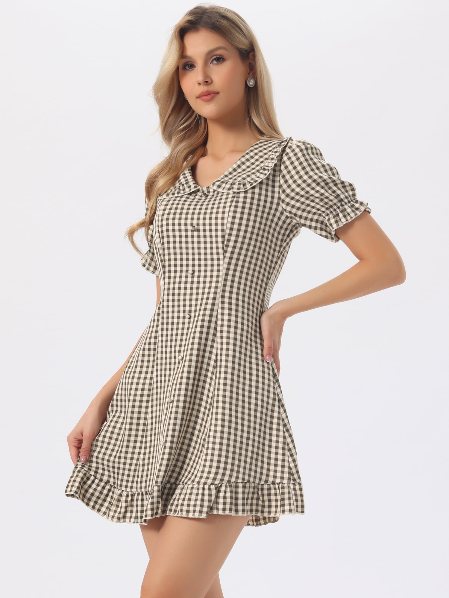 DARING DIVA Women's Ruffled Short Sleeve Collar Cute Checkered Mini Dress M Brown