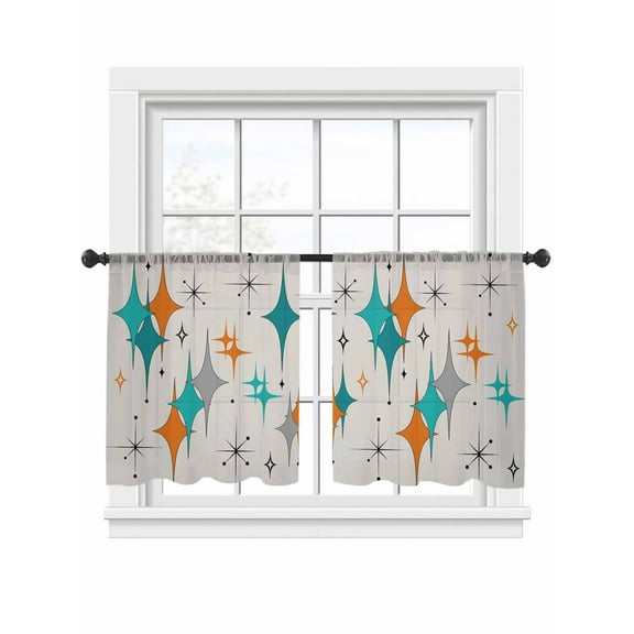 Sheer Curtains 54 inches Long 2 Panels Set Mid Century Boho Modern Geometric Teal Orange Star Tiers Sheers Rod Pocket Small Window Short Curtains for Kitchen Cafe, Each 52" W x 54" L