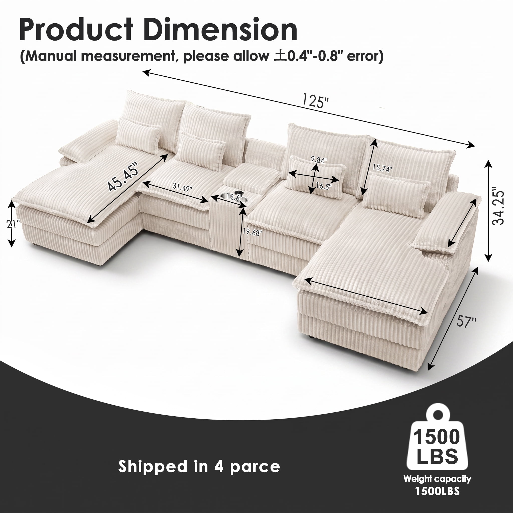 Wakefit 125" U Shaped Sectional Couch, Oversized Modular Sectional Sofa, 5 Seater Corduroy Cloud Couch with Hidden Storage, USB Ports & Cup Holders for Living Room, Beige