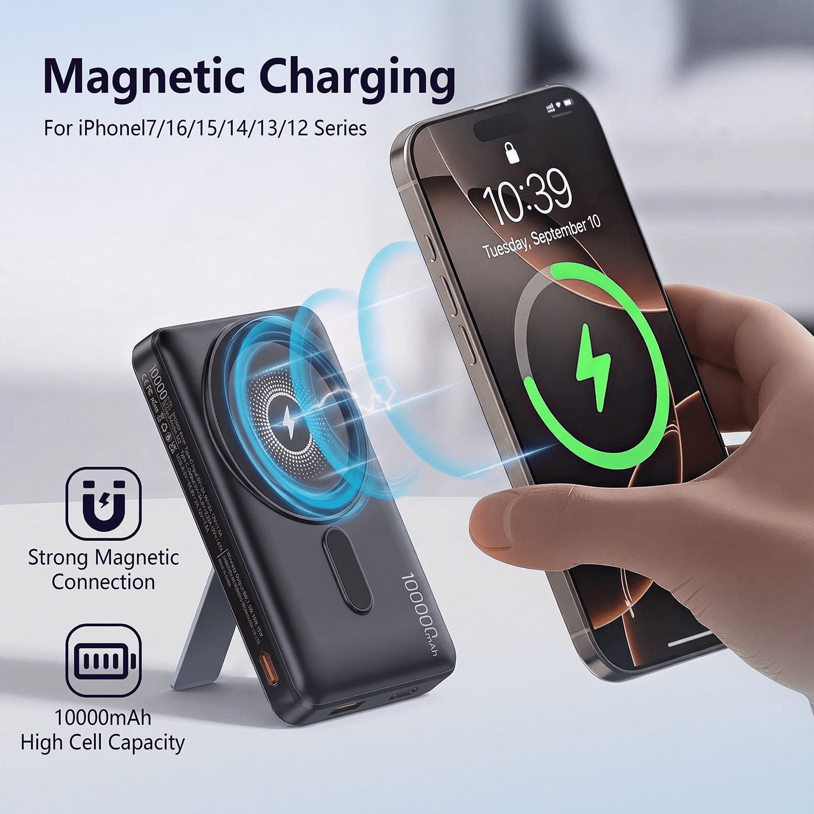 for Magsafe Portable Charger, 10000mAh Wireless Magnetic Power Bank with Built-in Stand, 22.5W PD Fast Charging for MagSafe Battery Pack Compatible with iPhone 17/16/15/14/13/12 Series