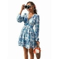 thumbnail image 2 of Autumn Women'S Dress V-Neck Long Sleeve Elastic Waist Bohemian Beach Resort Wear Floral Mini Summer Dress Blue L, 2 of 9