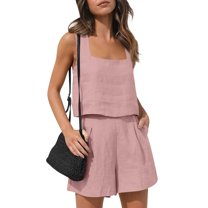 Mohiass Womens 2 Piece Outfits Linen Matching Sets Sleeveless Crop Tank Tops and High Waist Lounge Shorts with Pockets Pink M