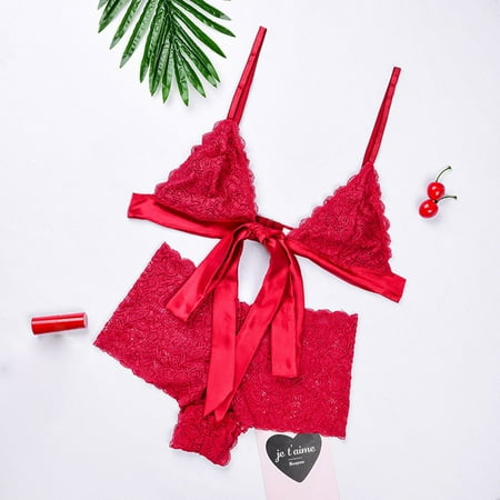 

wendunide lingerie for women Women Sexy Lace Panties Briefs Underwear Elastic Lingerie Bride Bowknot Bra & Brief Sets Red S