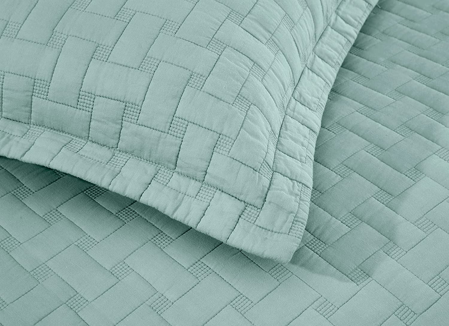 Chezmoi Collection Vert 3-Piece 100% Cotton Quilt Set Queen Size, Aqua, Modern Basketweave Stitched Quilt Lightweight Washed Cotton Bedspread for All Season