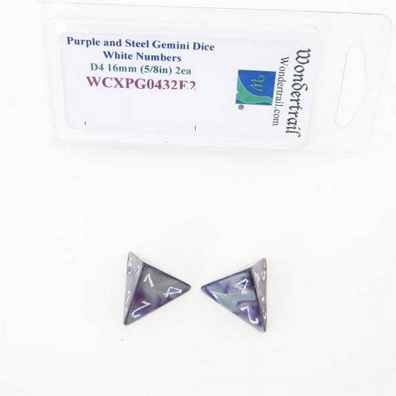 Purple and Steel Gemini Dice with White Numbers D4 Aprox 16mm (5/8in) Pack of 2 Wondertrail