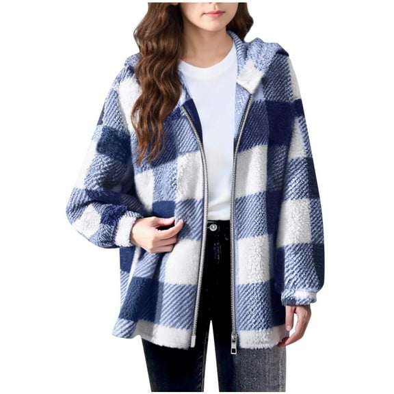 Toddler Girls Plaid Cardigan Jacket Kids Zip Up Hooded Sherpa Shacket with Pocket Casual Warm Shirts, Blue