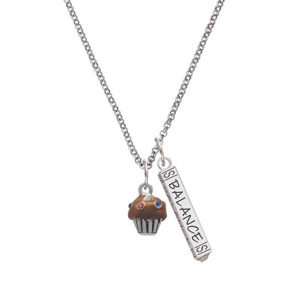 Delight Jewelry Silvertone Small Chocolate Cupcake with Crystal Sprinkles Silvertone Balance Bar Charm Necklace, 23"
