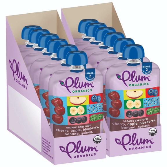 Plum Organics Stage 2 Organic Baby Food Cherry, Apple, Blueberry, Banana, Acai, Kale and Quinoa, 4 oz Pouch - Case of 12