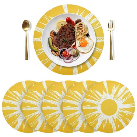 

Round Placemats Plate Mats 15 Inch Non-Slip Heat Resistant Washable PVC Set Table Decoration for Kitchen Dining Yellow Sun Rays
