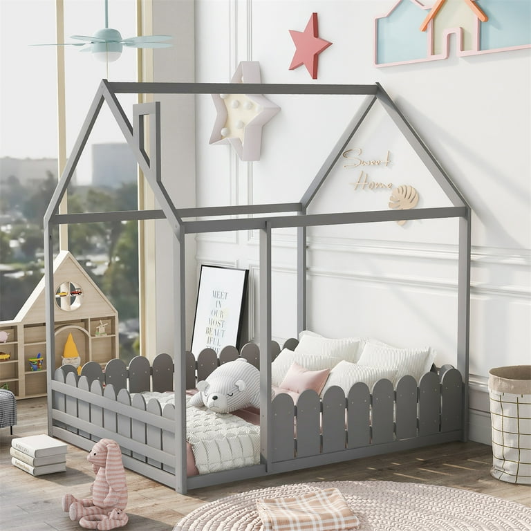 Full Size House Bed Frame Wood Bed with Fence Roof Cabin Bed Floor Bed Semi enclosed Play Place Bed Play Tent for Teens Girls Boys Without Slats Nursery Furniture White Walmart