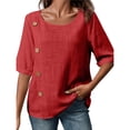thumbnail image 2 of Camiseta Informal Holgada de Corta con Cuello Redondo y Botones de Algodón y para Mujer, Estilo Formal y de Trabajo Rojo M, 2 of 7