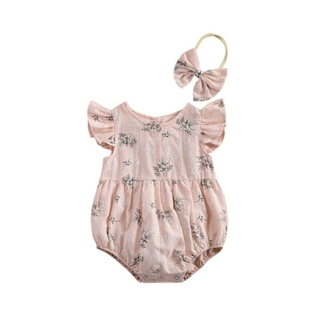 

Infant Baby Girl Floral Romper Bodysuit Ruffle Short Sleeve Tops Jumpsuit Headband Set