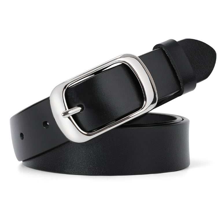 WHIPPY Women Leather Belt with Pin Buckle, Black Waist Belt for Jeans Pants  