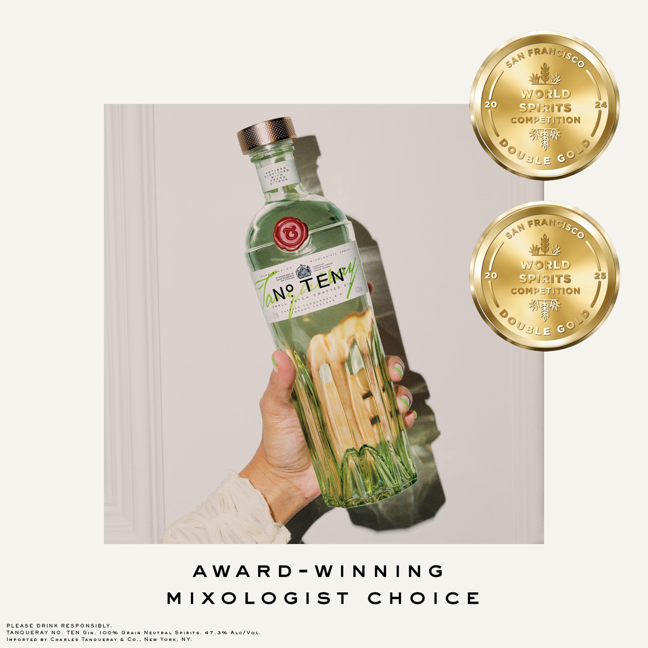 Tanqueray No. TEN Gin, 750 mL, 47% ABV, distilled with citrus
