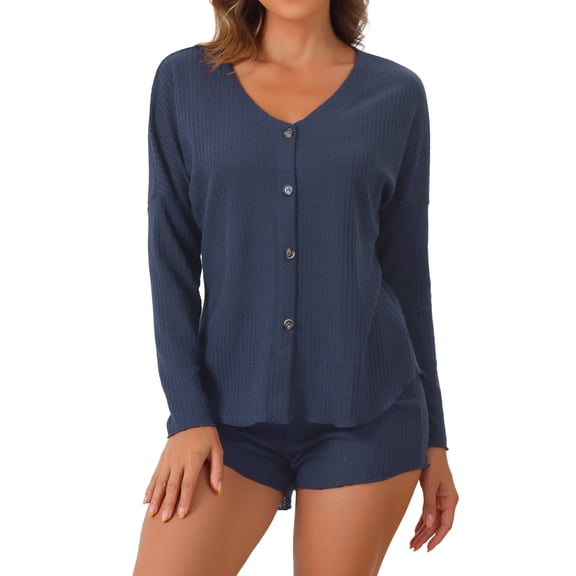 DARING DIVA Women's Waffle Knit Pajama Sets Lounge Set Long Sleeve Top Blue XS