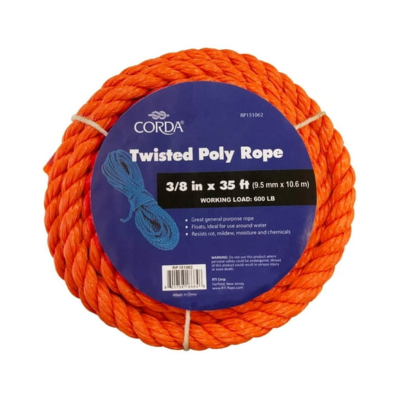 CORDA Twisted Rope, Orange, Polypropylene, 3/8" x 35'