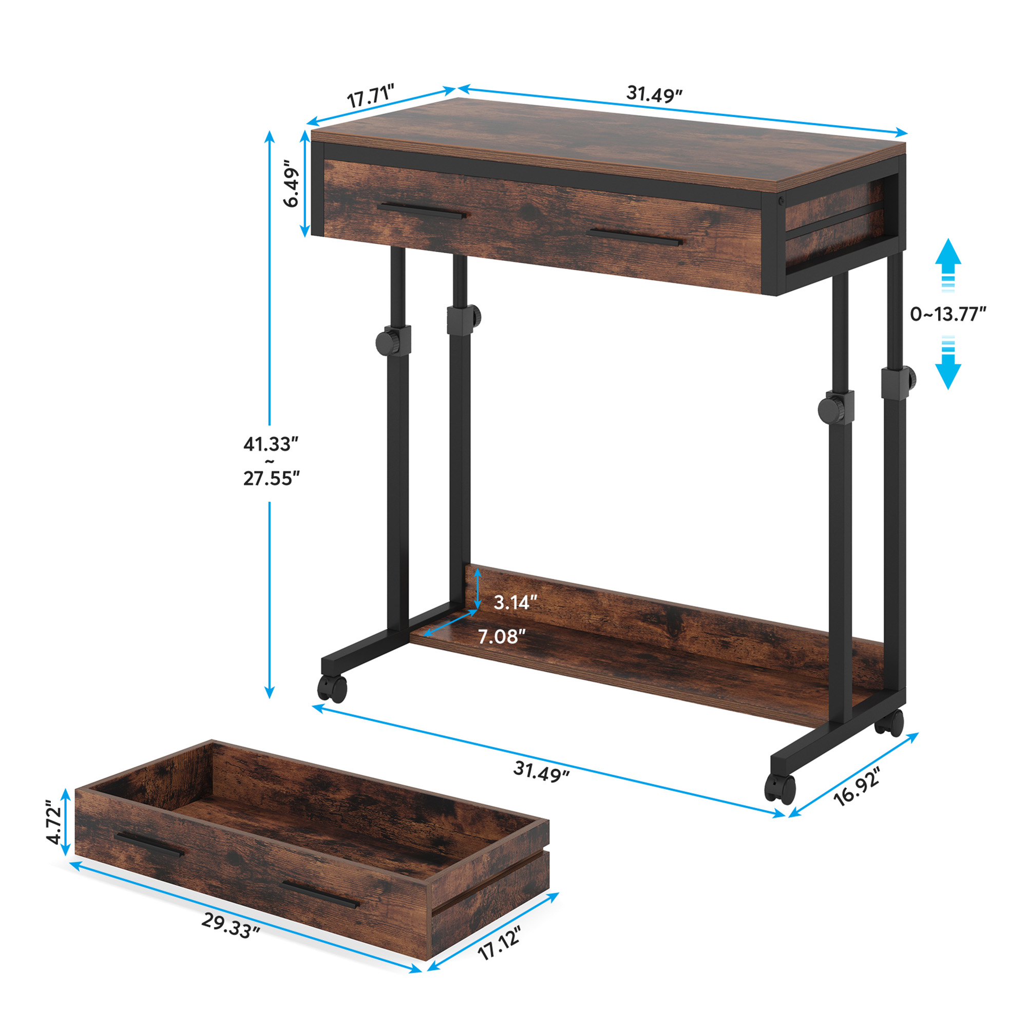 MAYEERTY 31.5" Mobile Side Table with Locking Wheels, Multifunctional Couch Desk for Home Office
