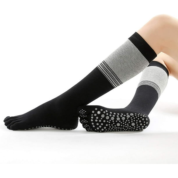 2 Pairs Long Tube Yoga Socks, Pure Cotton Autumn and Winter Warmth, Sports  Non-Slip Dance Socks, Allotted Five- Socks,A,Black 