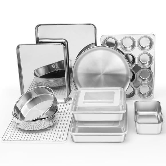 E-far 12-Piece Bakeware Sets, Stainless Steel Baking Pan Set Includes Cookie Sheet, Round Square Rectangle Cake Pans with Lids, Multi-Functional for