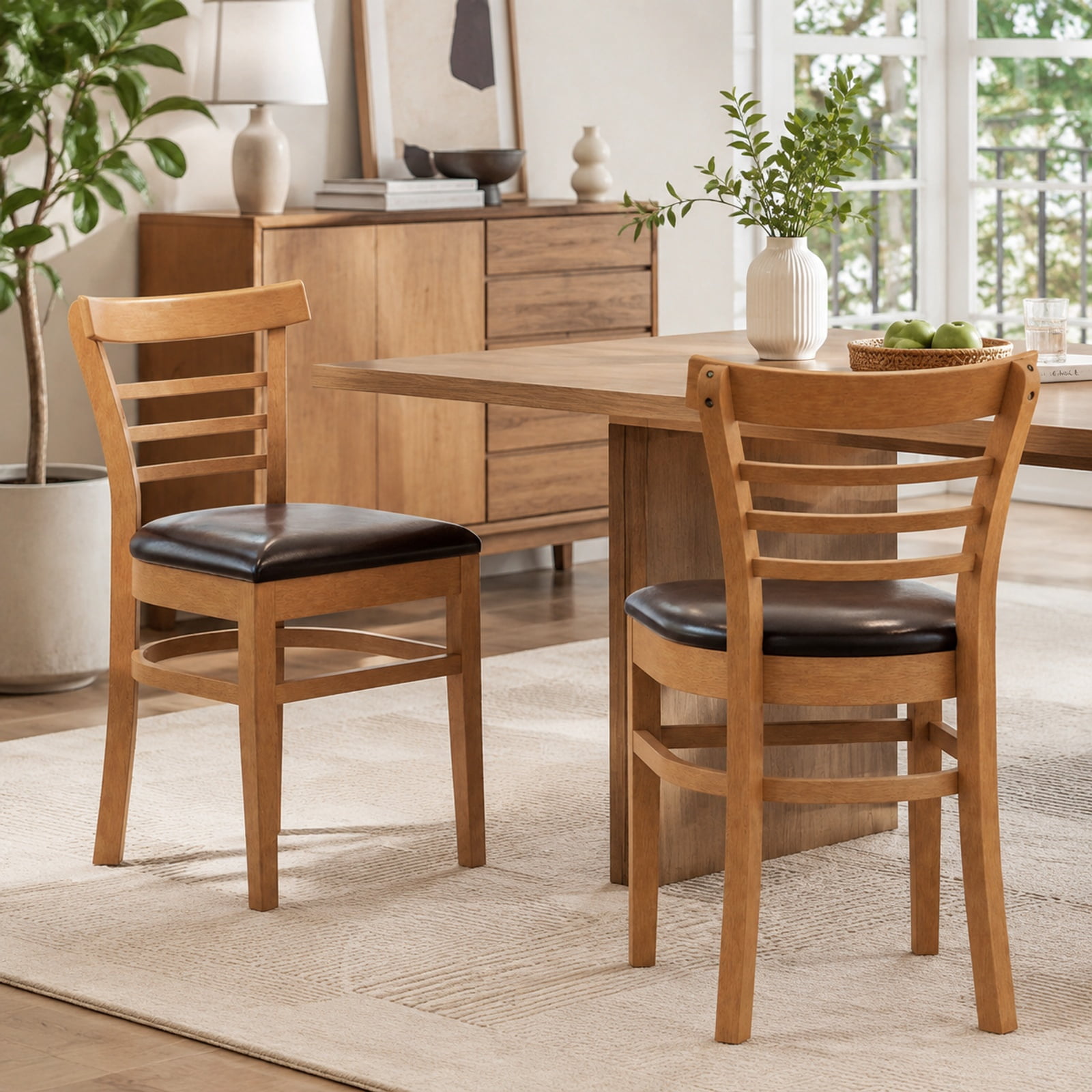Furnibear Wooden Dining Chairs Set of 2 with Faux Leather Seats and Rubber Wood Legs for Restaurant Kitchen and Dining Room, Brown