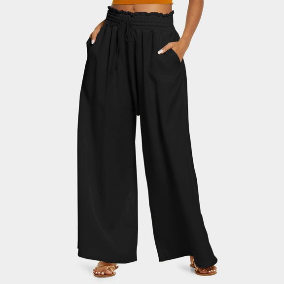Baqcunre Wide Leg Pants Woman,Womens Loose High Waisted Pants Drawstring Elastic Waist Straight Leg Trousers,Women'S Pants,Pants For Women,Womens Fashion,Womens Clothes,Black,L