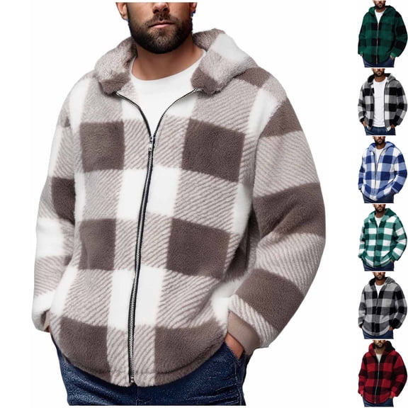 Men's Casual Plaid Sherpa Fleece Zip Up Jacket Hooded Cozy Double Sided Plush Coat for Cold Weather Winter Daily Loungewear Travel, Khaki, XL