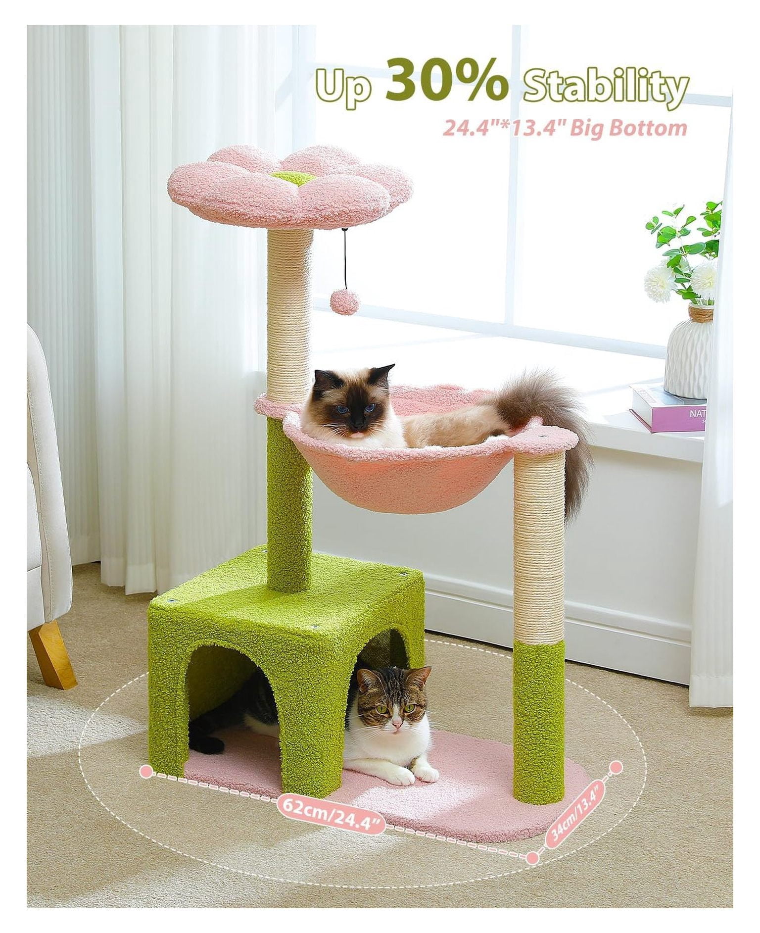 Flower Cat Tree 36.6", Pink Cat Tower with Scratching Posts, Hammock & Condo for Kittens - Large Indoor Cat Tree with Perch & Fluffy Ball