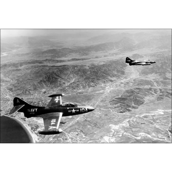 24"x36" Gallery Poster, Two U.S. Navy Grumman F9F-2B Panther jets flying over Wonsan and heading for Togwon, Korea, on 15 July 1951
