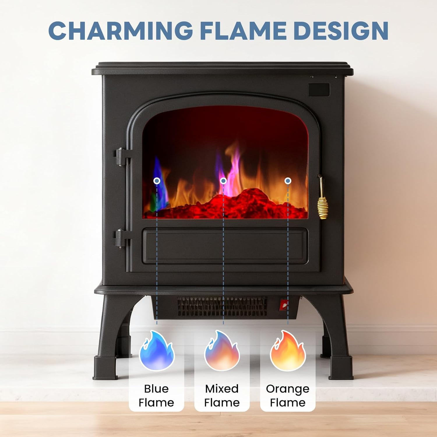26" Electric Fireplace Freestanding Stove, 3D Flame, Remote Control, Adjustable Heat & 12H Timer, Safe & Stylish, Inky