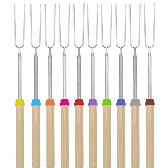 Telescoping Roasting Sticks 10 Pack with Wooden Handle for Outdoor Cookouts