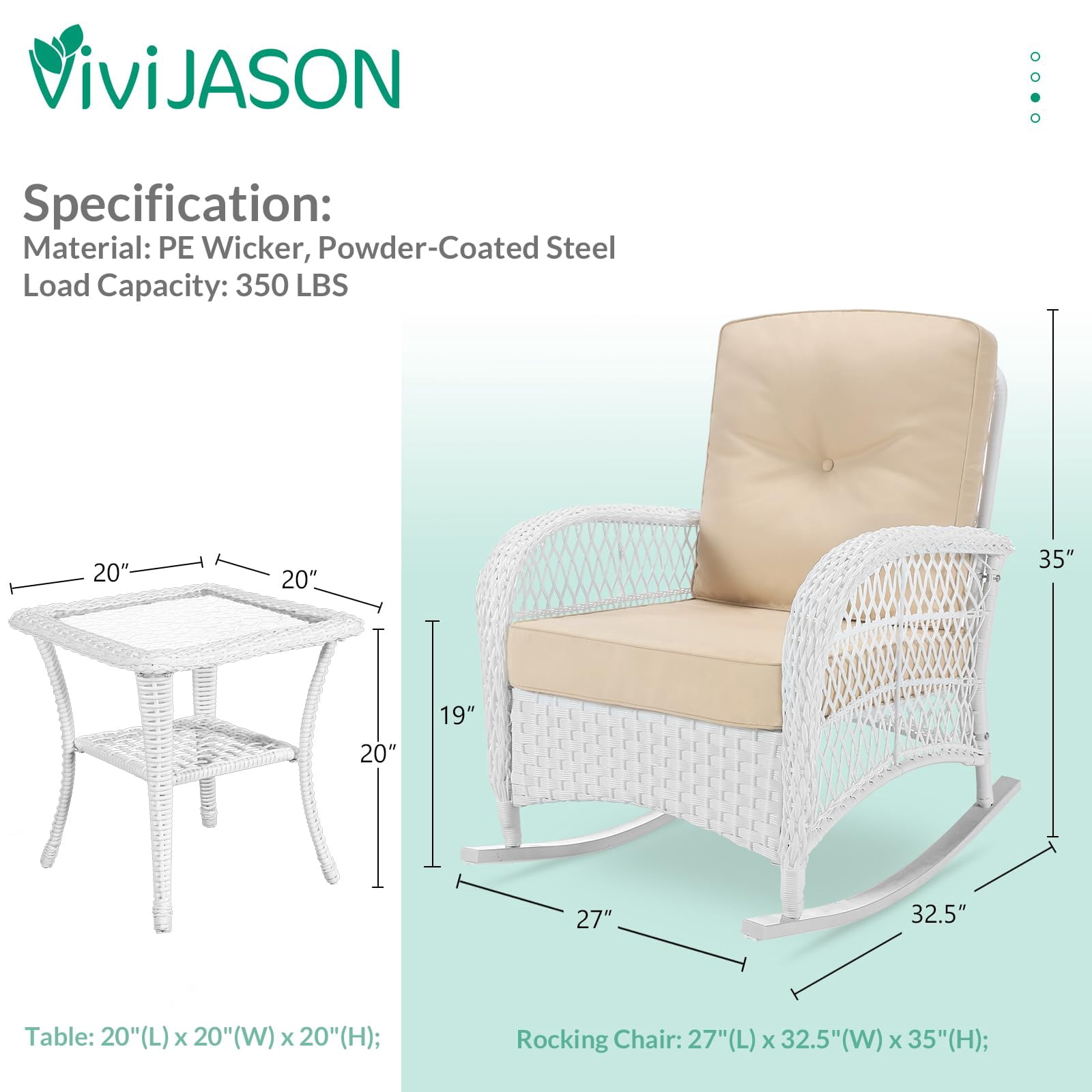VIVIJASON 3-Piece Outdoor Conversation Bistro Set, Patio Wicker Rocking Chairs Rattan Furniture Sets w/ 2 Rattan Chairs, Cushions, Glass Top Side Table for Garden Porch Backyard (White Wicker/Beige)