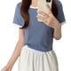 thumbnail image 1 of Camiseta de manga corta Cuello redondo Color de contraste Versátil Moda Mujer Casual Verano Top Azul L, 1 of 12