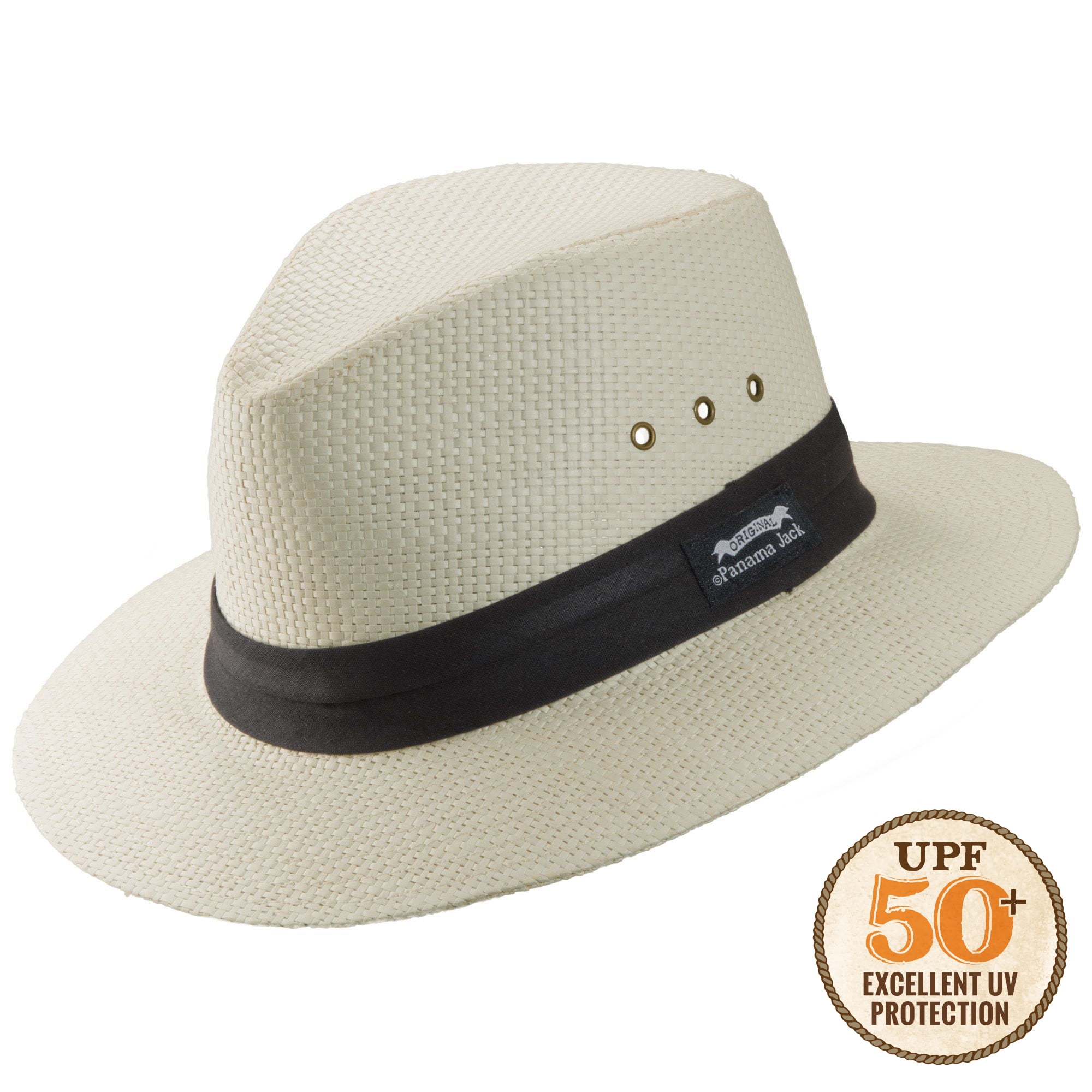 Panama Jack Natural Matte Toyo Safari Sun Hat with Black Band, 2 1/2" Brim, UPF (SPF) 50+ Sun Protection (Large)