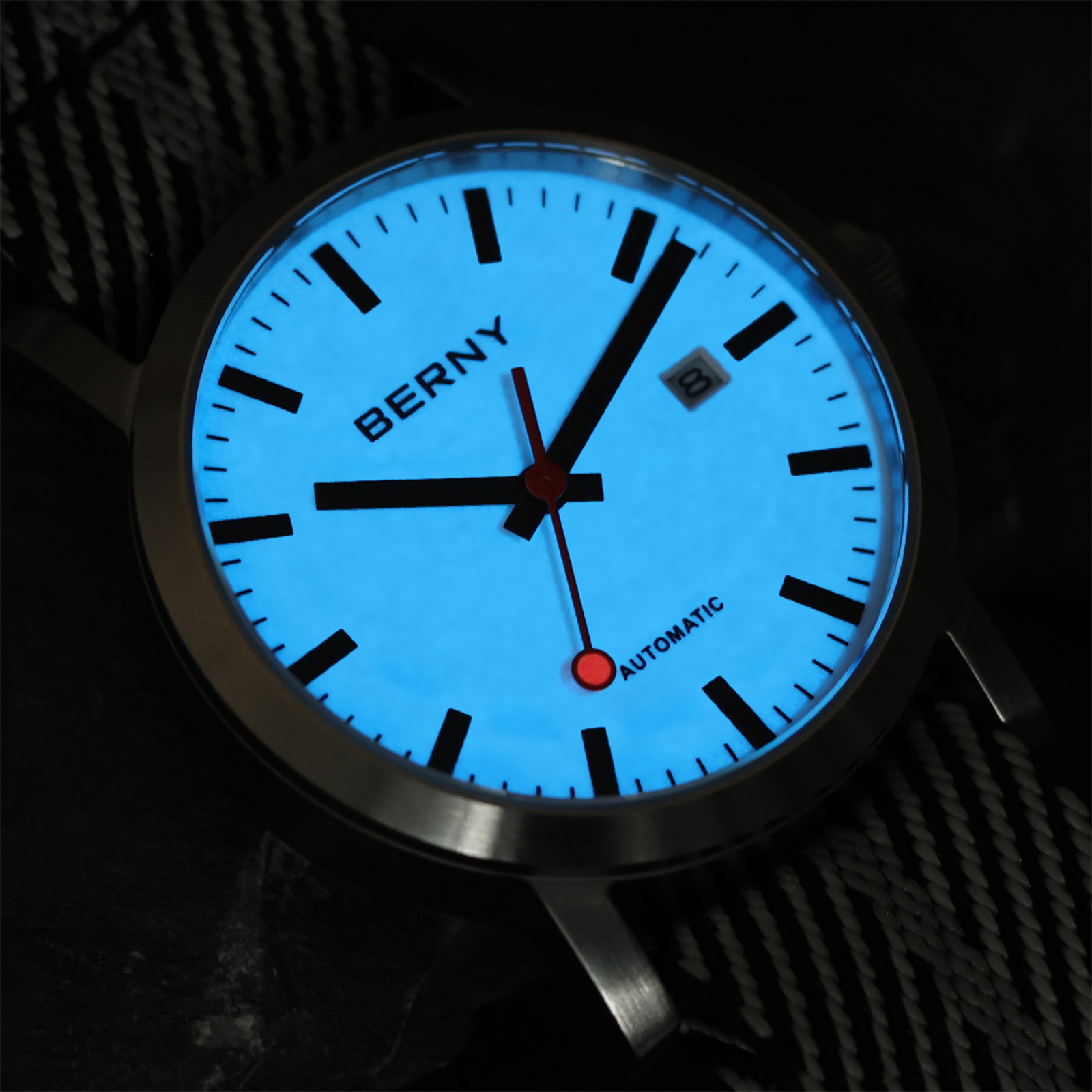 BERNY Automatic Watches for Men, Luxury Self Winding Mechanical Dress Watch with Date, Nylon Strap, Sapphire Crystal, Luminous, Stainless Steel, 50M Waterproof, Minimalist Mens Watches (White)