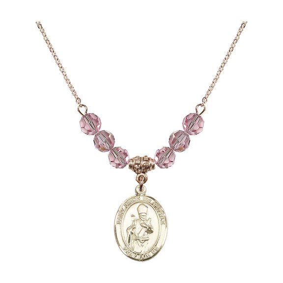 18-Inch Hamilton Gold Plated Necklace w/ 6mm Light Rose Pink October Birth Month Stone Beads & Saint Simon the Apostle Charm