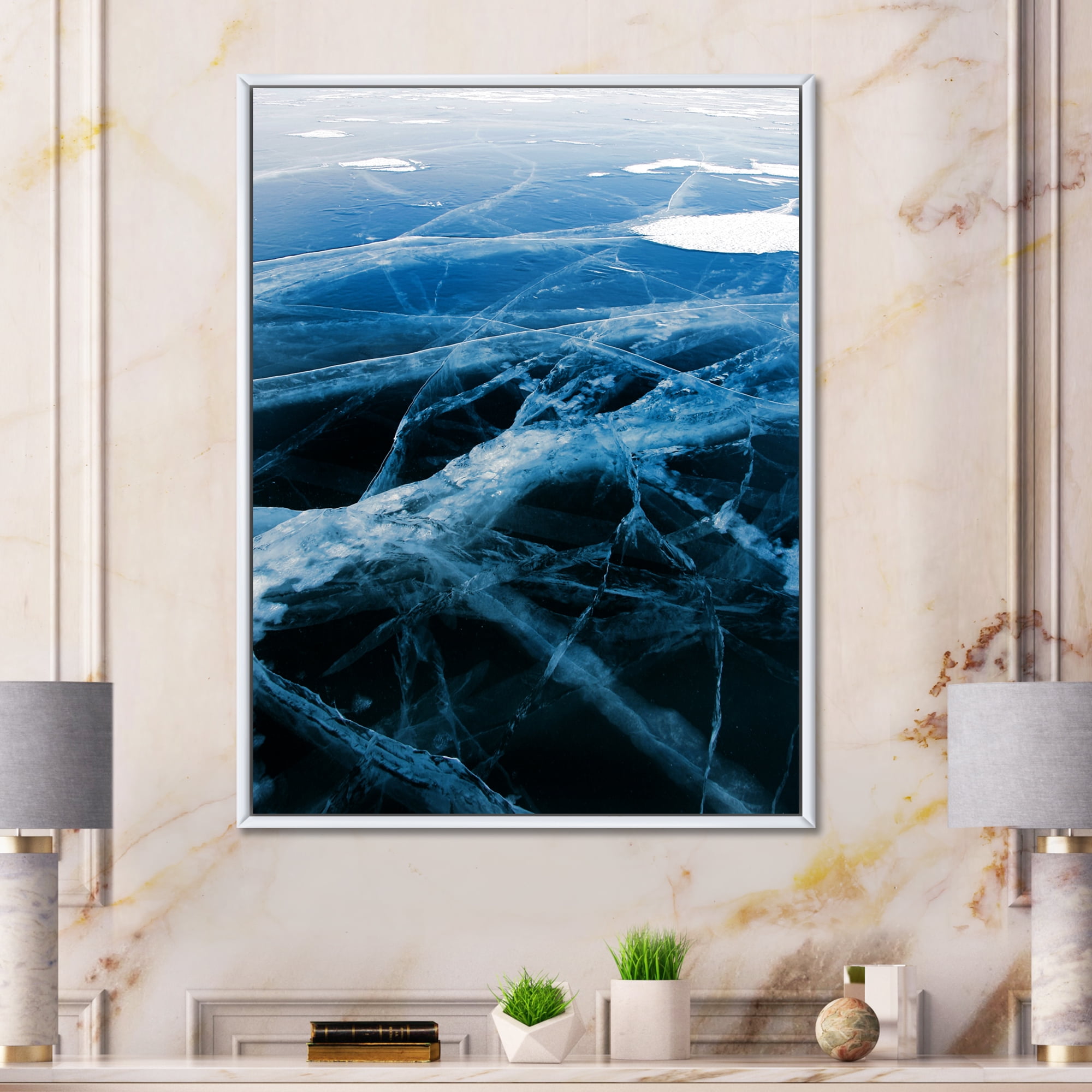 Designart 'White and Blue Ice Structure II' Modern Framed Canvas Wall Art Print