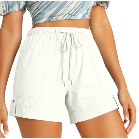 GERsome Womens Sweat Shorts Plus Size Summer Drawstring Comfy Elastic High Waist Yoga Running Workout Shorts with Pockets White L