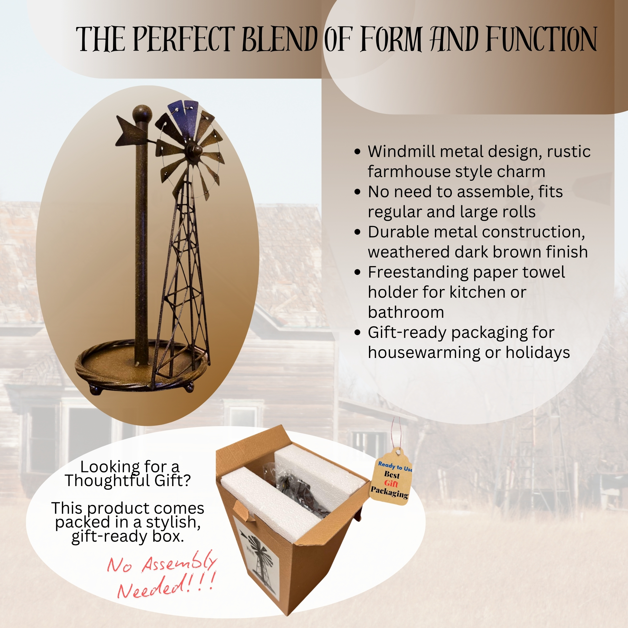 Windmill Metal Paper Towel Holder Freestanding Rustic Farmhouse Kitchen Dining