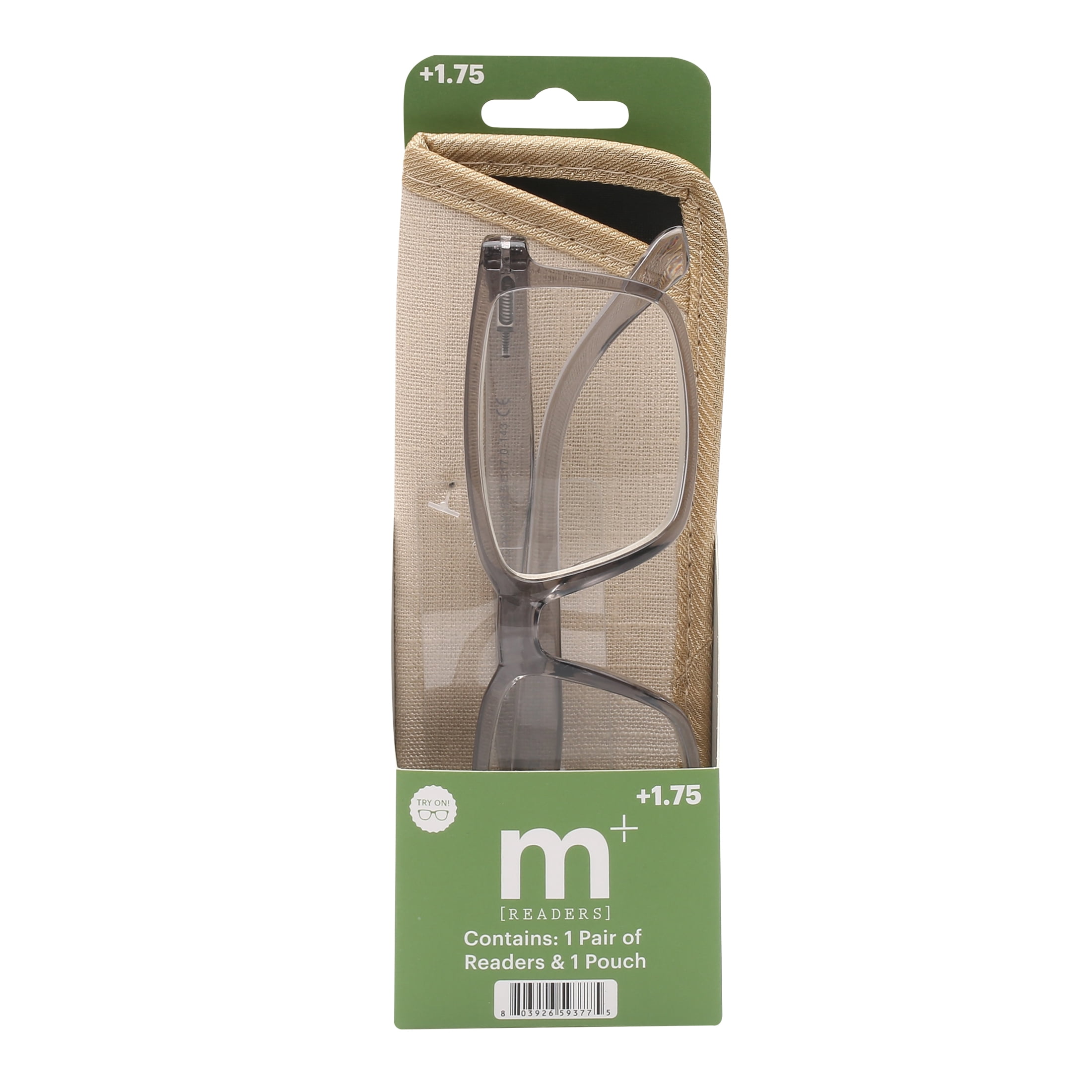 M+ Unisex Spring Hinge Plastic Reading Glasses Crygy 1.75 Evers in Crystal Grey with Pouch