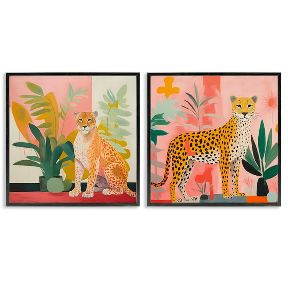 Stupell Industries Jaguar Leopard Potted Palms Animals Painting Black Framed Art Print Wall Art, 12 x 12, Set of 2
