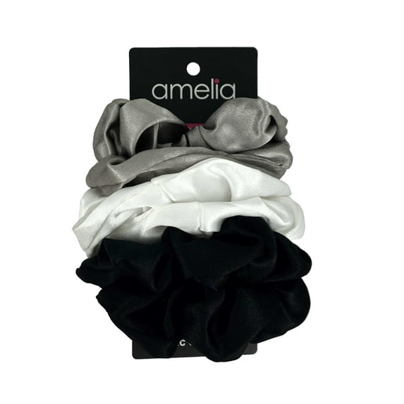 Amelia Beauty Products, Black, White and Grey Mix Imitation Silk Scrunchies, 4.5in Diameter, Gentle on Hair, Strong Hold, No Snag, No Dents or Creases. 6 Pack
