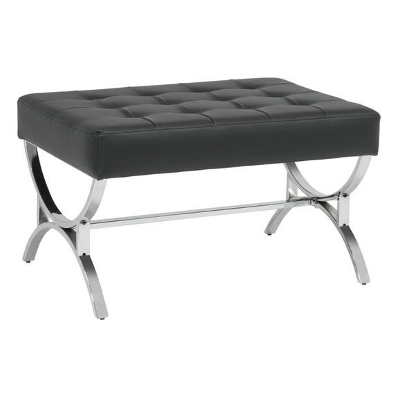 Studio Designs Home Newel Modern Square Ottoman Blended Leather and Chrome Metal Frame in Chrome and Black