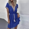 thumbnail image 1 of Puntoco Vestido De Manga Corta Con Cuello En V, Vestido Elástico En 4 Direcciones De Color Sólido De Verano Para Mujer Azul Xl, 1 of 6