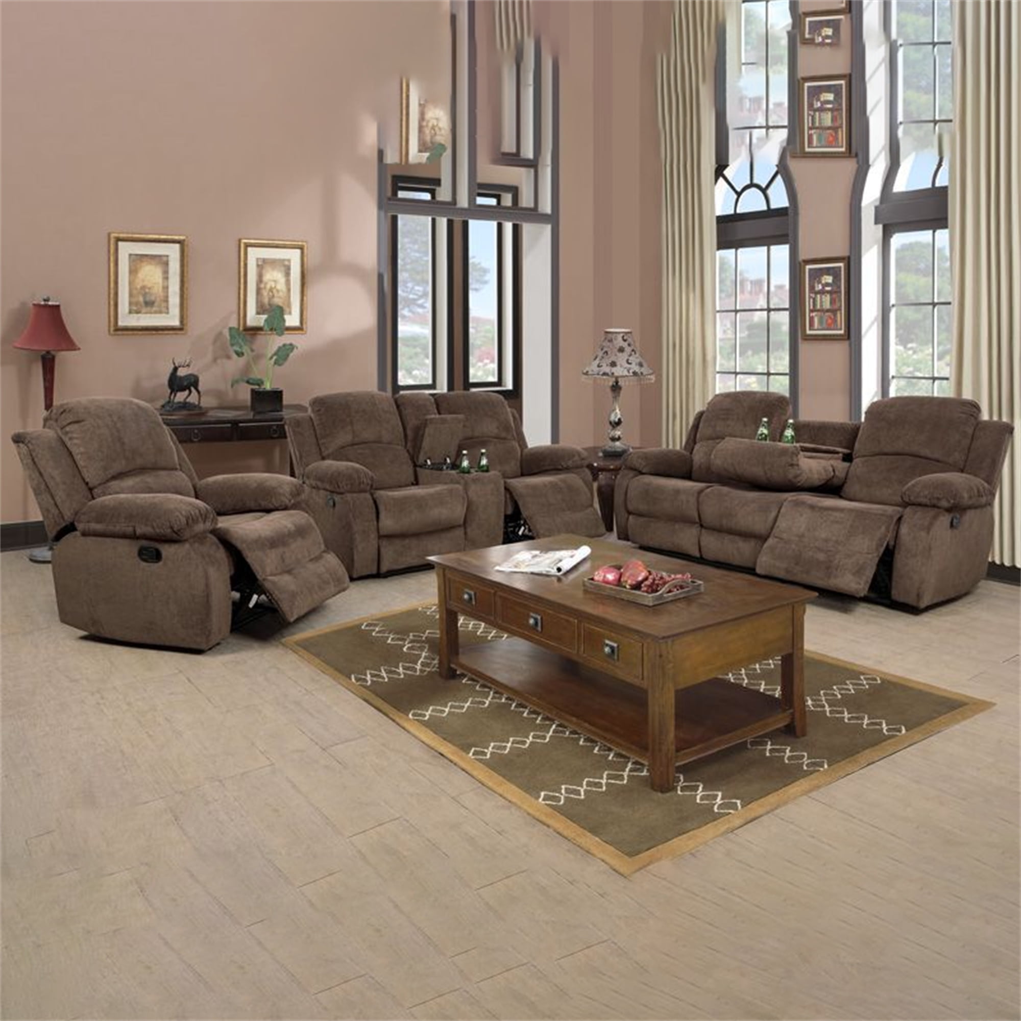 Aukfa Double Manual Recliner Chair, Overstuffed Loveseat with Cupholder for Living Room, Brown