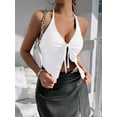 thumbnail image 6 of Y2k Front Tie Crop Tops Halter Neck Flowy Plisse Summer Going Out Top Split Sleeveless Shirt White S, 6 of 8
