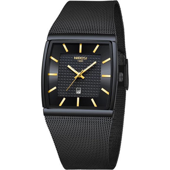 Men's Analog Watch, Square Dial Mesh Strap, Date Display | 100 FT Waterproof, Fashion Casual Sports Business Classic Dress Quartz Wrist Watches for Men