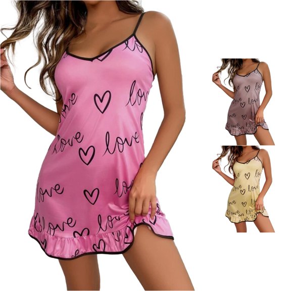 XIAOCHA Heart Print Nightgown For Women Spaghetti Strap Ruffle Hem Slip Dress