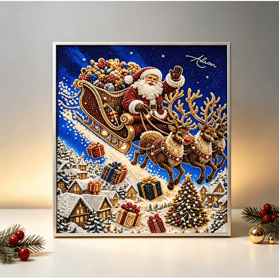 Christmas Pearl Diamond Painting Art Kit with Frame 11.8X11.8IN Xmas Gemstone Pearl Beads Craft for Tabletop Mounting Wall Home Decor (Sled)
