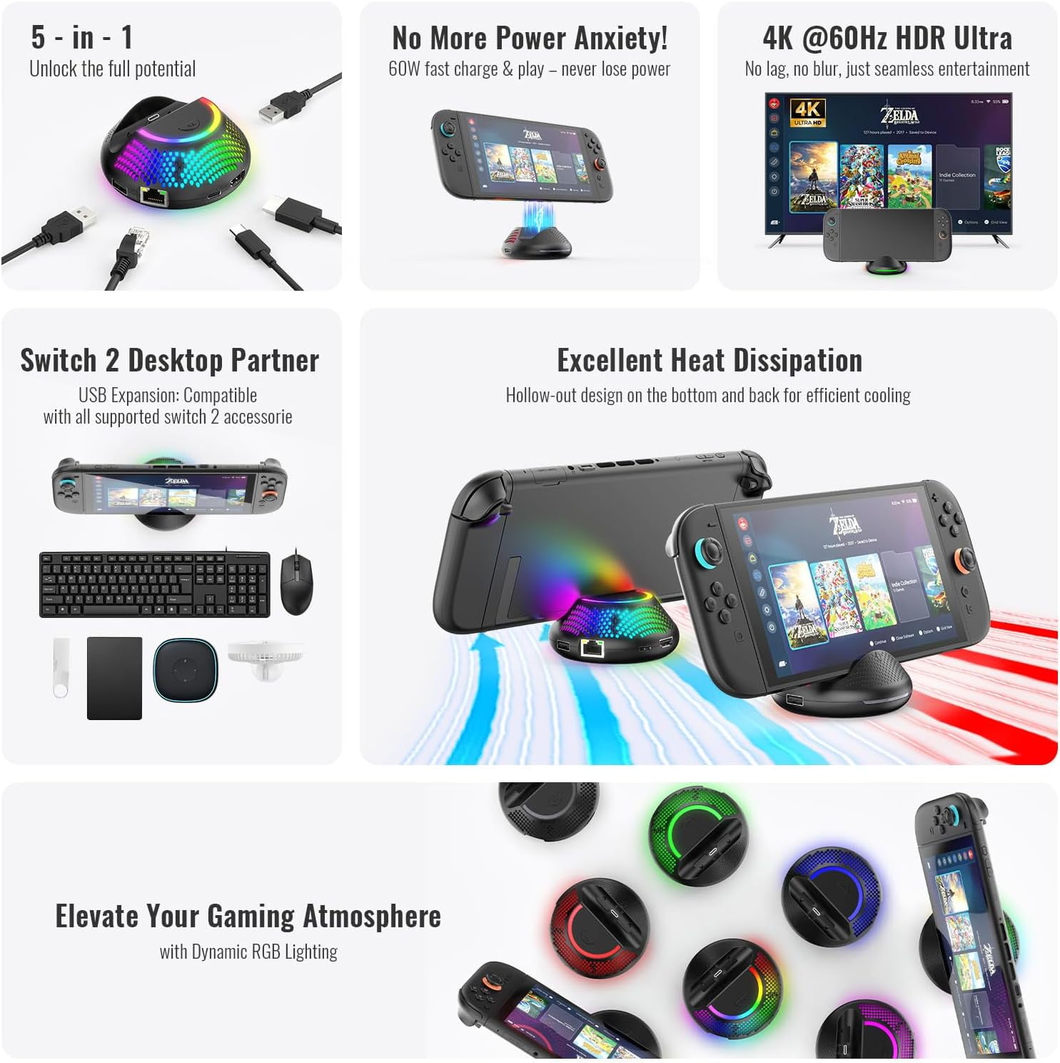 Portable TV Docking Station for Switch 2, with RGB Lighting - Support 1000Mbps Ethernet LAN Port/4K HDMI Output/2 USB Port/with RGB Lighting(Black)