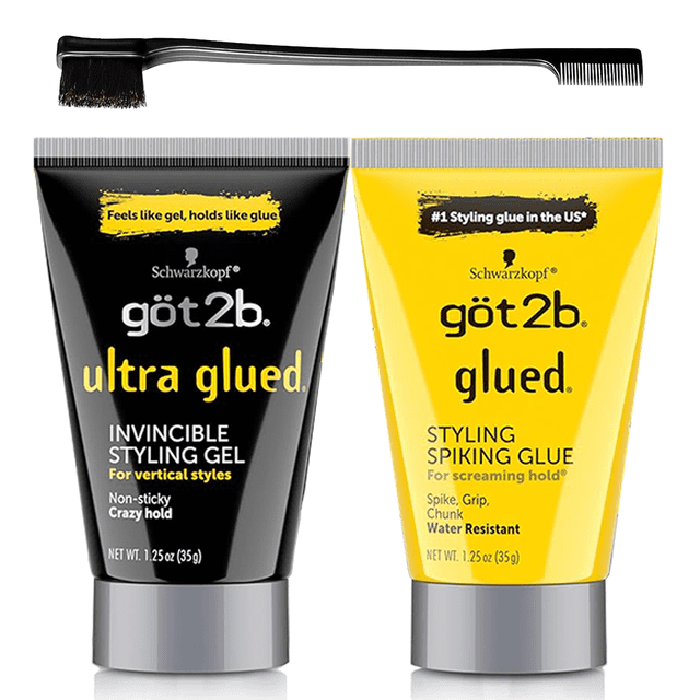 Got2B Glued Styling Spiking Hair Gel resistente al agua y Got2B Ultra Glued Invincible Styling Gel de fijación fuerte para cejas y bordes 1.25 oz